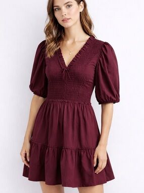Sea New York Burgundy Smocked Puff Sleeve Mini Dress Size 8